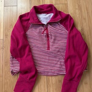 Pilcro Fuchsia and White Striped Half-Zip Sweatshirt